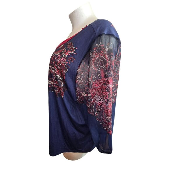 Catherines 3X 26/28W Womens Top Boho Style Keyhole Neckline Navy Red JJ4044 - Picture 10 of 12